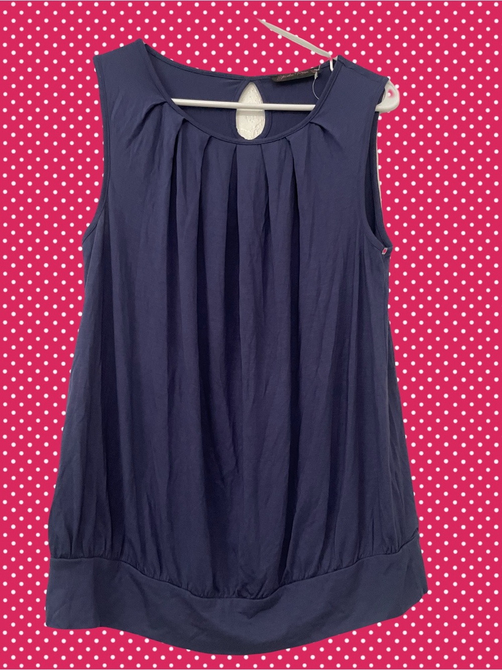 Pleated Navy Sleeveless Tank Top with Keyhole Back